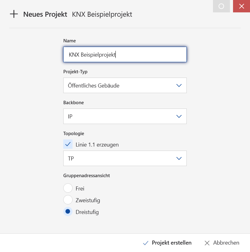 Erstellung eines neuen Projektes (Ansicht Fenster)