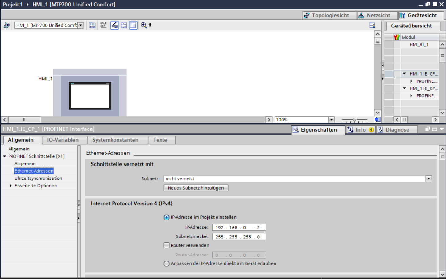 Fenster zum einstellen der IP Adresse des HMI