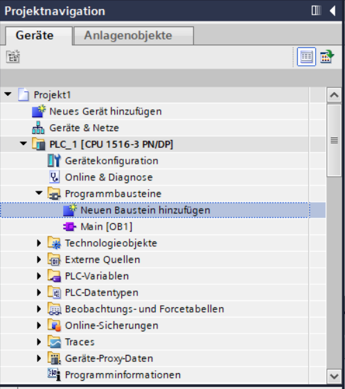 Projektnavigator "Baustein hinzufügen"