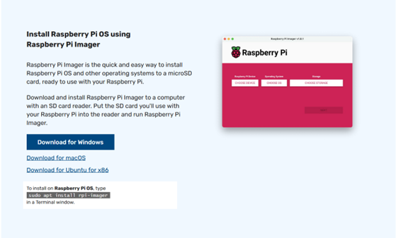 Übersicht der Internetseite zum Download des Raspberry Pi Imagers