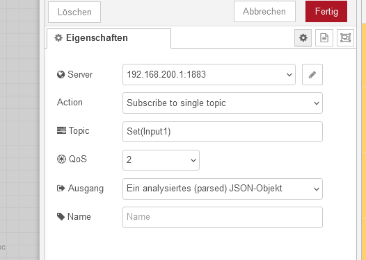Bausteinkonfiguration in Node-Red