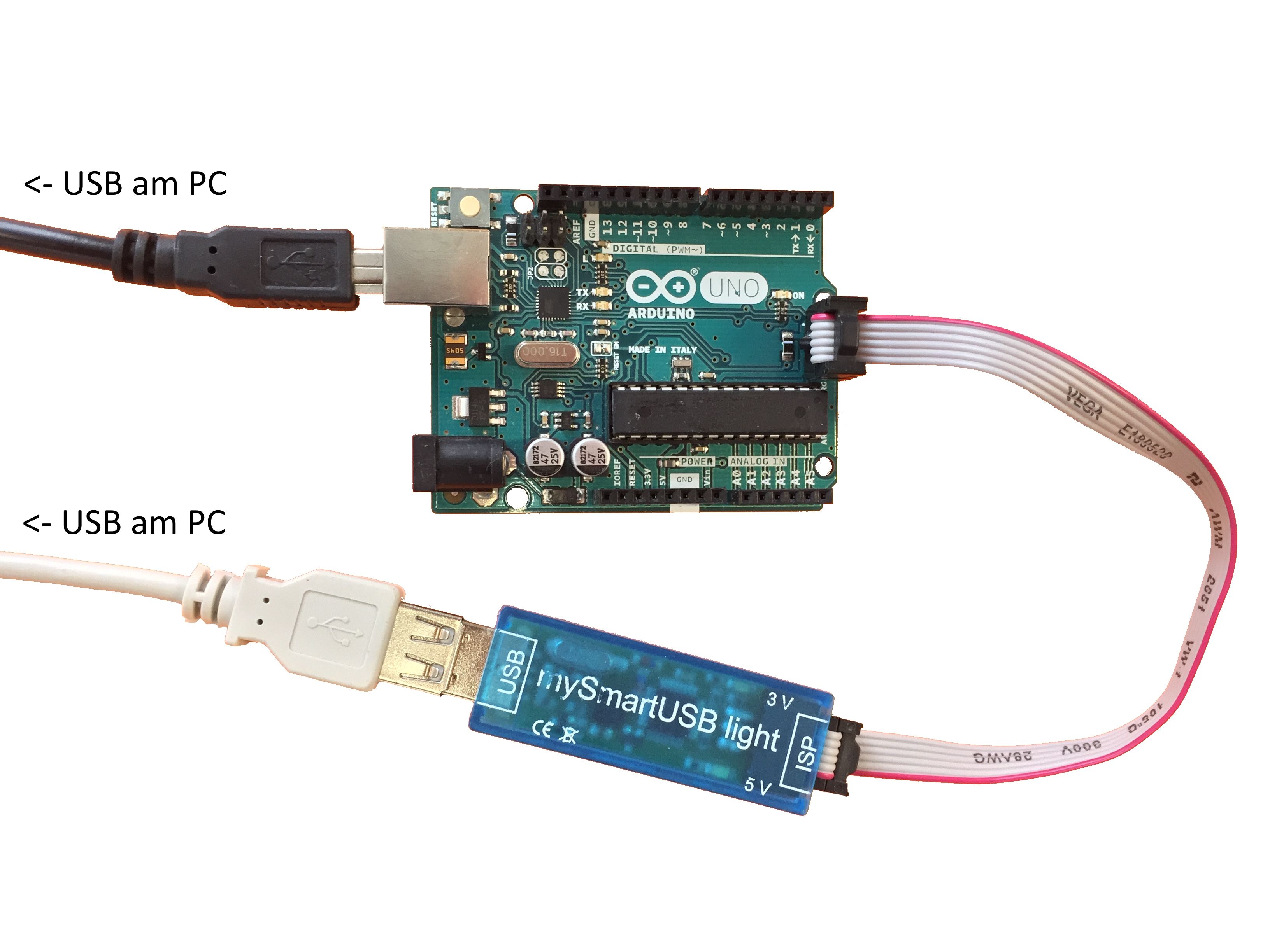 Anschluss de Arduinos und des Programmers am PC