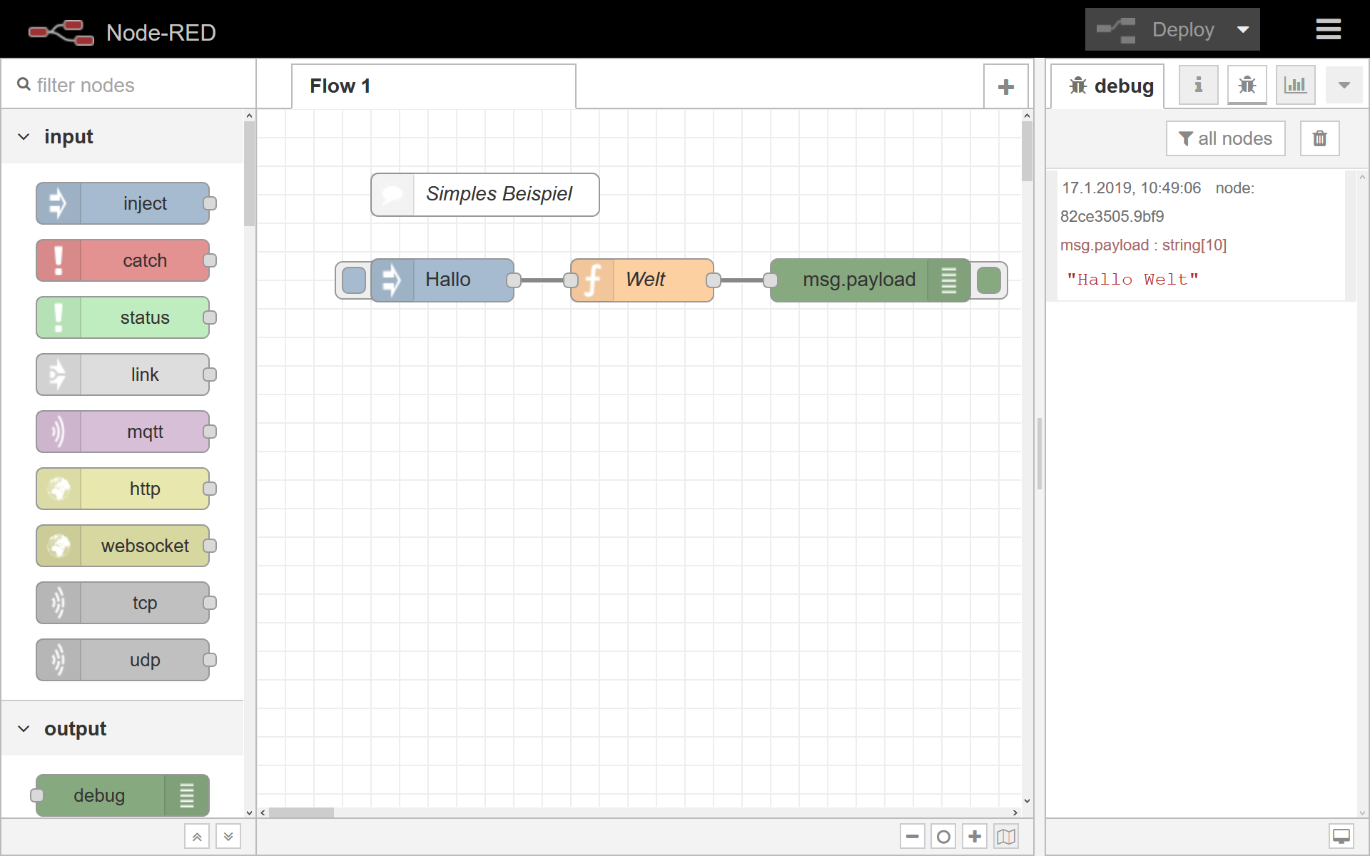 Node-RED Oberfläche Beispiel mit Debug Fenster