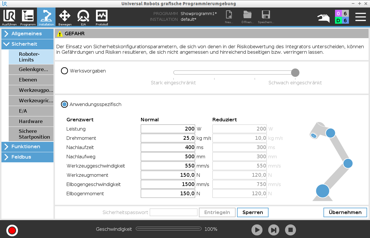 Sicherheitsmenü in der Simulation