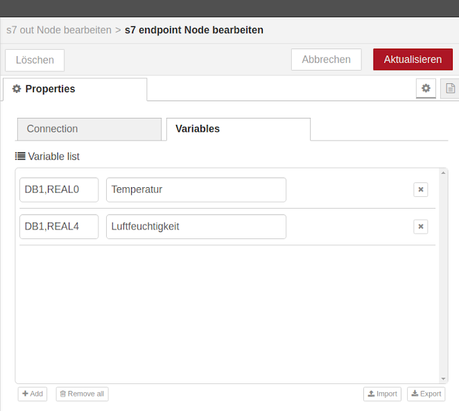 NodeRed S7 Variables Konfiguration