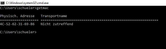 Der Befehl "getmac" auf der Konsole