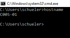 Konsolenausgabe bei Eingabe des Befehls "hostname"