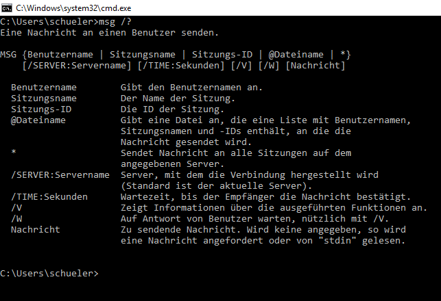 Konsolenausgabe bei Eingabe von "msg /?"