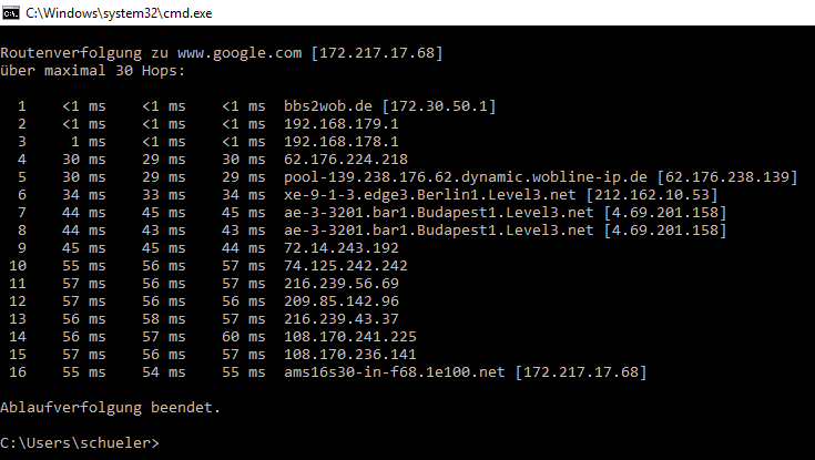 Tracert anfrage an www.google.com