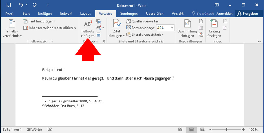 Einfügen von Fußnoten über das Menüband von Word