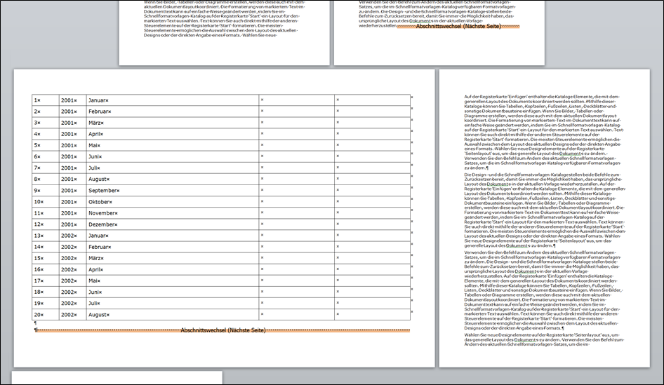 Abschnittsumbrüche zur Einbindung von Seiten unterschiedlicher Größe, Ausrichtung und Randabständen